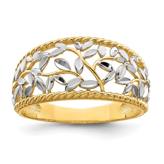 14k and White Rhodium Diamond-cut Filigree Leaf Ring