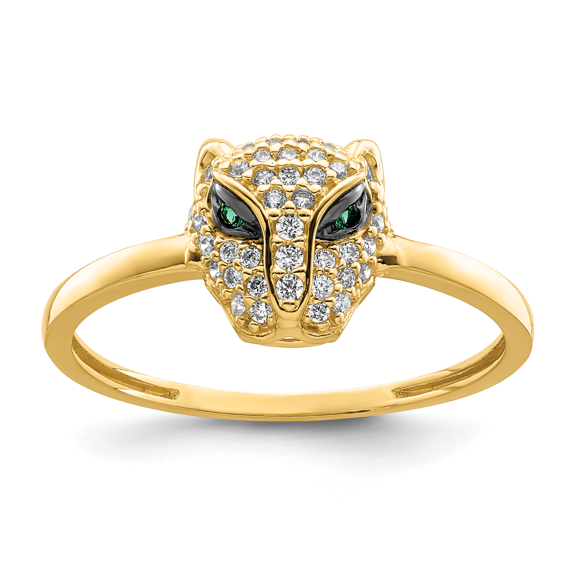 14K Polished Green & White CZ Lioness Head Ring (R951)