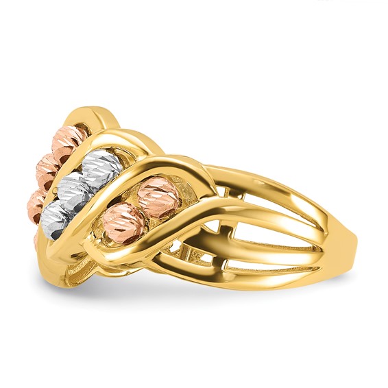 14K Tri-color Polished and Diamond-cut Beads Fashion Ring