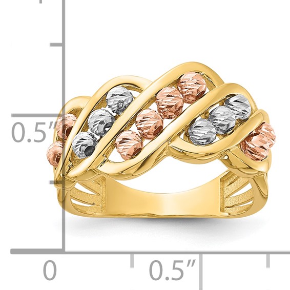 14K Tri-color Polished and Diamond-cut Beads Fashion Ring