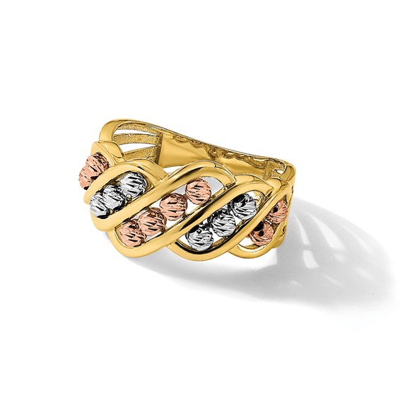 14K Tri-color Polished and Diamond-cut Beads Fashion Ring