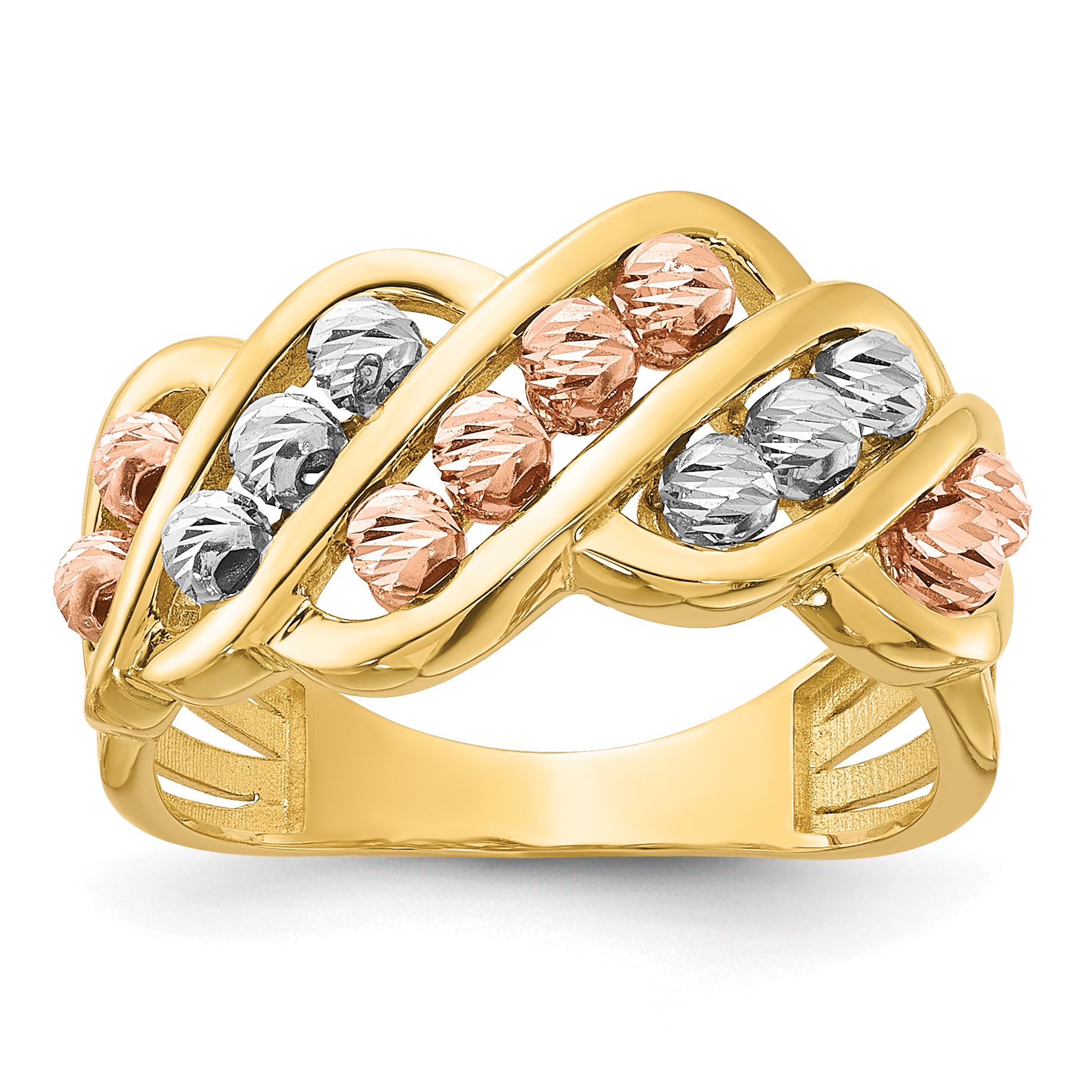 14K Tri-color Polished and Diamond-cut Beads Fashion Ring (R960)