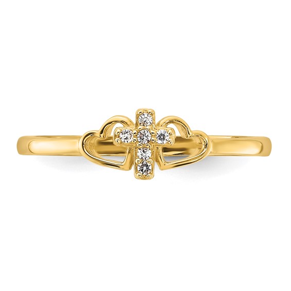 14K Polished CZ Cross and Hearts Ring