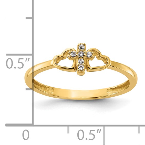 14K Polished CZ Cross and Hearts Ring