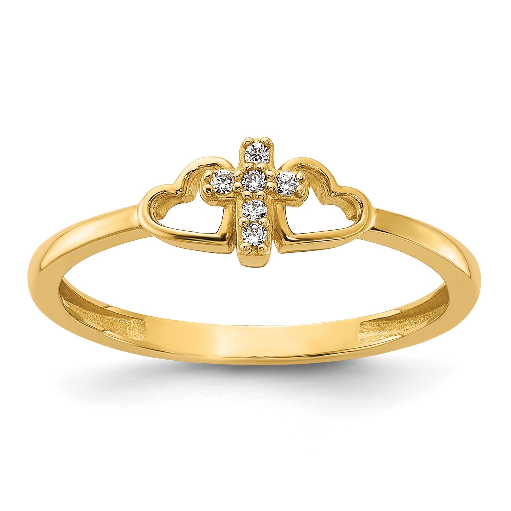 14K Polished CZ Cross and Hearts Ring (R964)