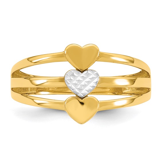 14k with White Rhodium Polished and Diamond-cut Three Hearts Size 7 Ring