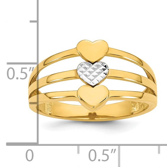 14k with White Rhodium Polished and Diamond-cut Three Hearts Size 7 Ring