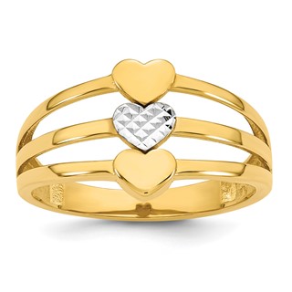 14k with White Rhodium Polished and Diamond-cut Three Hearts Size 7 Ring
