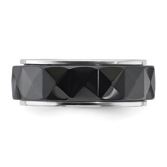 Silver-tone & Moveable Faceted Black Ceramic Polished Men's Band