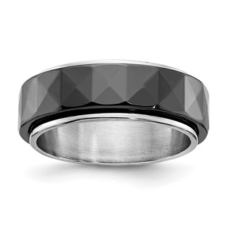 Silver-tone & Moveable Faceted Black Ceramic Polished Men's Band