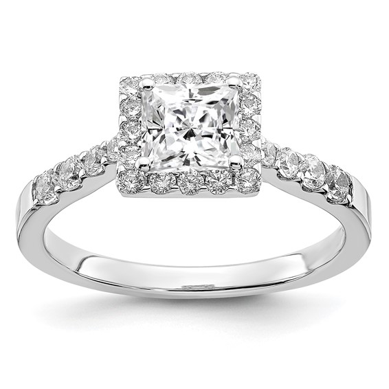 Sterling Silver Rhodium-plated Diamonore CZ Halo Princess-cut Ring