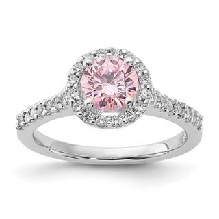 Sterling Silver Polished Pink & Clear CZ Round Halo Ring