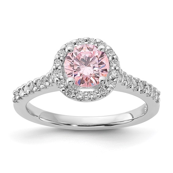 Sterling Silver Polished Pink & Clear CZ Round Halo Ring