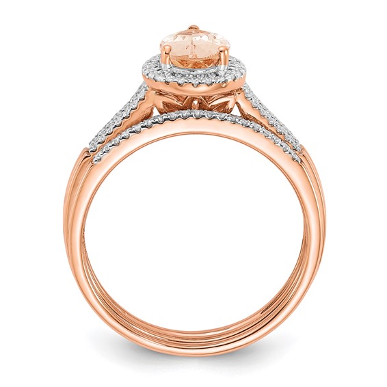 14k Rose Gold Pear Morganite & Diamond Halo Bridal Set