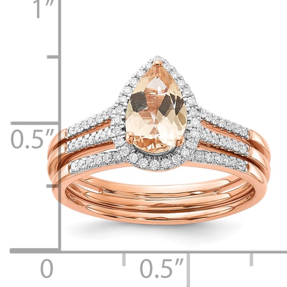 14k Rose Gold Pear Morganite & Diamond Halo Bridal Set