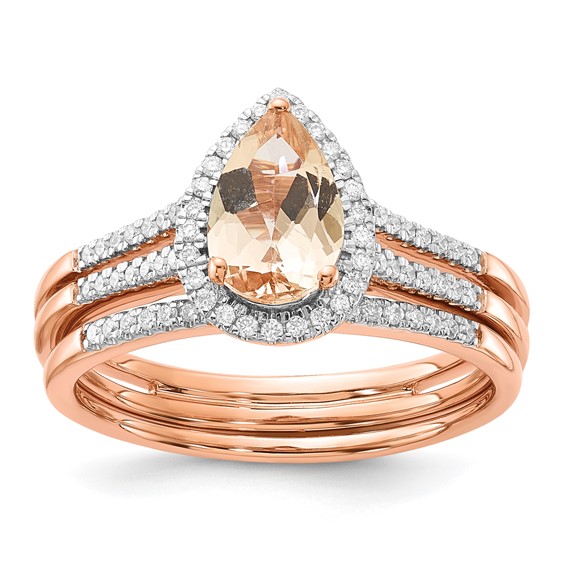 14k Rose Gold Pear Morganite & Diamond Halo Bridal Set