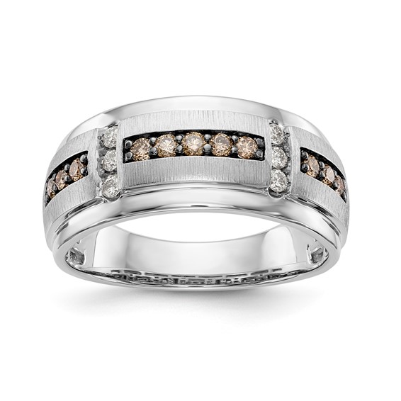 10k White Gold Polished & Satin White & Brown Diamond Men's Ring