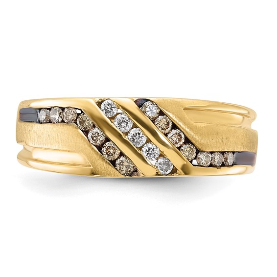 10k Yellow Gold White and Brown Diamonds, Satin & Black Enamel Ring