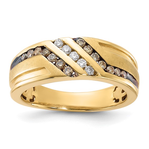 10k Yellow Gold White and Brown Diamonds, Satin & Black Enamel Ring