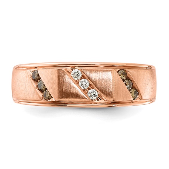 10k Rose Gold Polished & Satin White & Brown Diamond Mens Ring