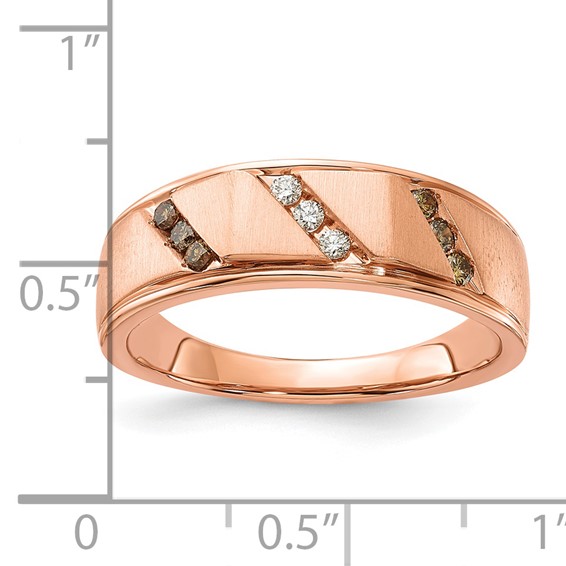 10k Rose Gold Polished & Satin White & Brown Diamond Mens Ring