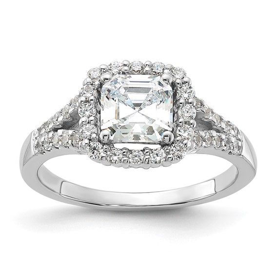 Sterling Silver Rhodium-plated Diamonore Asscher-cut Halo Ring