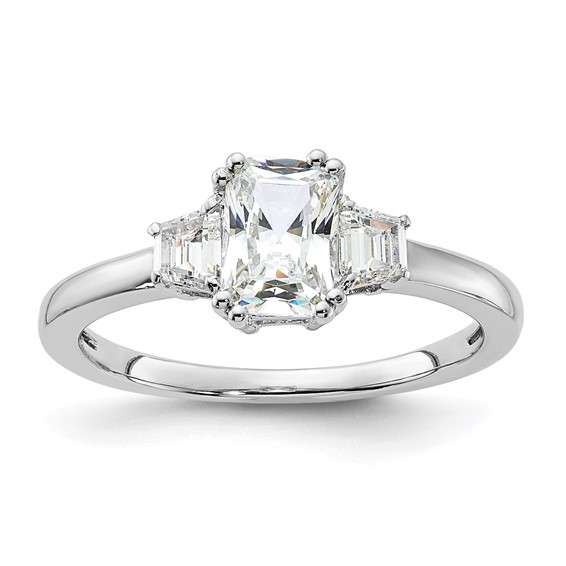 Sterling Silver Rhodium-plated 3 Stone Emerald-cut Diamonore CZ Ring