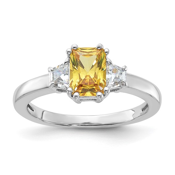 Sterling Silver Rhod-pltd Emerald-cut Yellow/White Diamonore CZ Ring