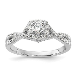 14k White Gold Polished Diamond & CZ Center Halo Twisted Engagement Ring