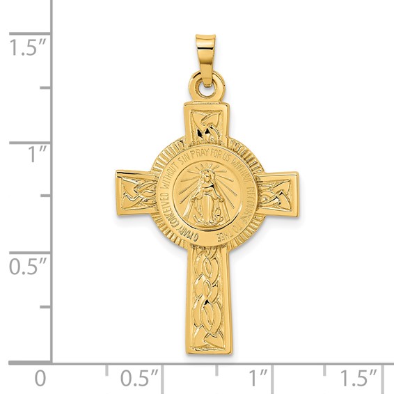 14k Polished Cross with Miraculous Medal Center Pendant