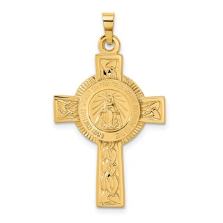 14k Polished Cross with Miraculous Medal Center Pendant