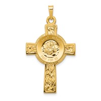 14K Yellow Gold Polished Solid Cross Pendant with St Anthony Medal view 1