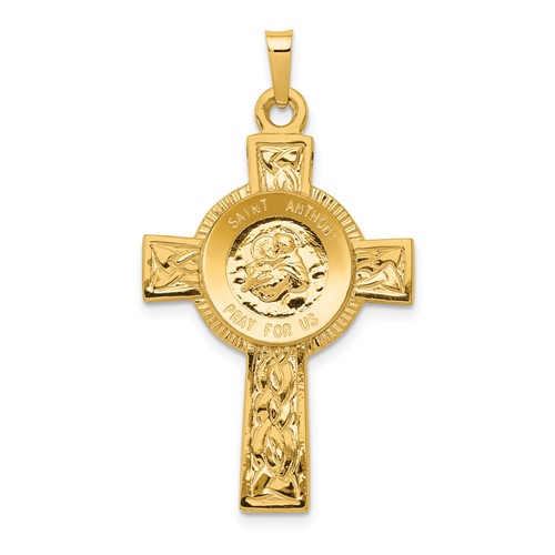 14K Yellow Gold Polished Solid Cross Pendant with St Anthony Medal