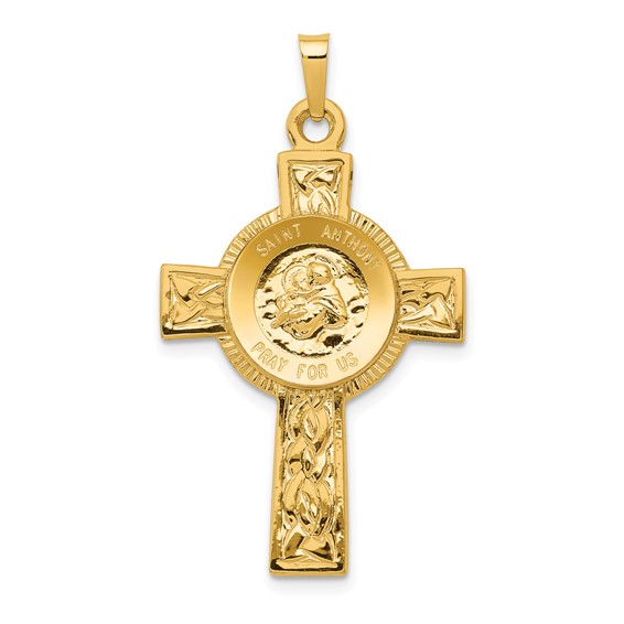 14k Polished Solid Cross with St Anthony Medal Pendant