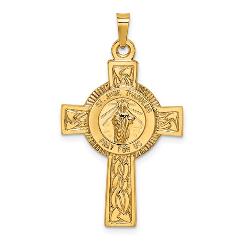 14K Yellow Gold Polished Cross Pendant with St. Jude Thaddeus Medal