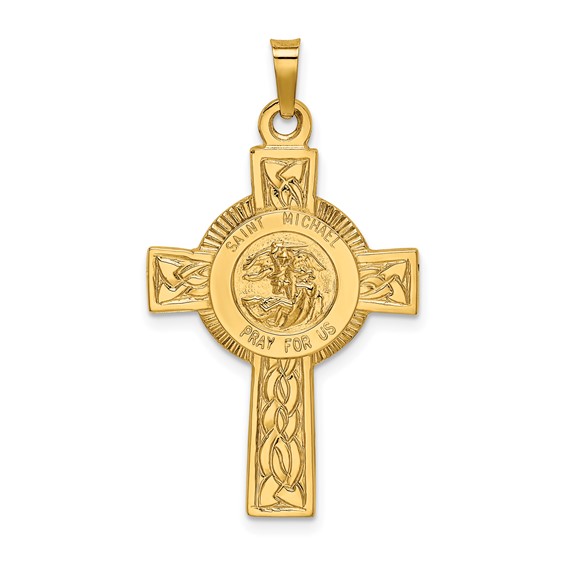 14k Polished Cross with St. Michael Medal Pendant