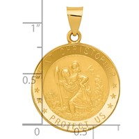 14K Yellow Gold Polished and Satin Hollow Saint Christopher Medal Round Pendant view 4