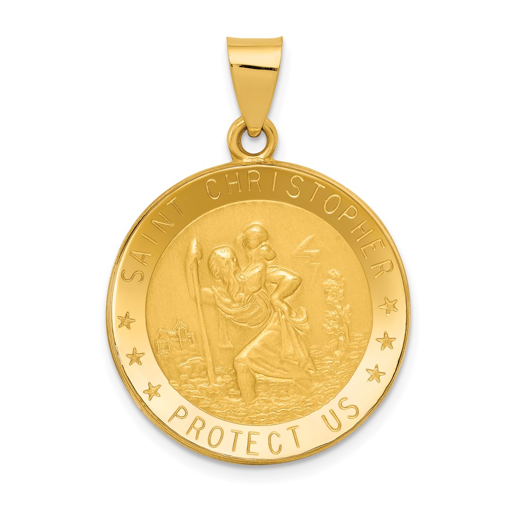 14K Yellow Gold Polished and Satin Hollow Saint Christopher Medal Round Pendant