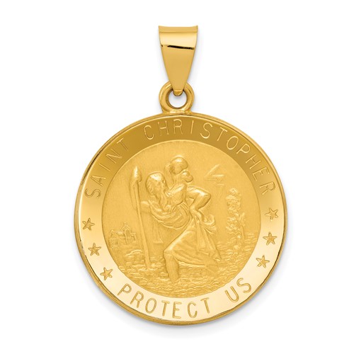 14K Yellow Gold Polished and Satin Hollow Saint Christopher Medal Round Pendant