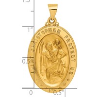 14K Yellow Gold Polished and Satin Hollow Saint Christopher Medal Oval Pendant view 3