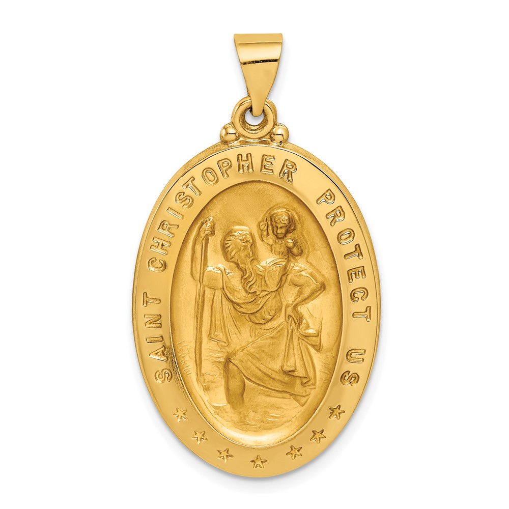 14K Yellow Gold Polished and Satin Hollow Saint Christopher Medal Oval Pendant