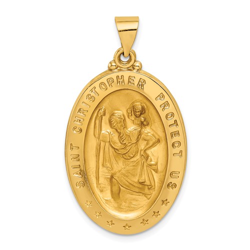 14K Yellow Gold Polished and Satin Hollow Saint Christopher Medal Oval Pendant