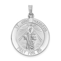 14K White Gold Polished and Satin Solid Saint Jude Thaddeus Medal Round Pendant view 1