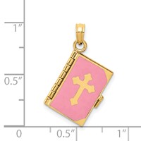 14K Yellow Gold Pink Enameled 3-D Bible Pendant with Lord's Prayer and Moveable Pages view 4