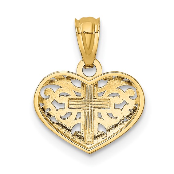 14k and White Rhodium Cross in Filigree Heart Pendant