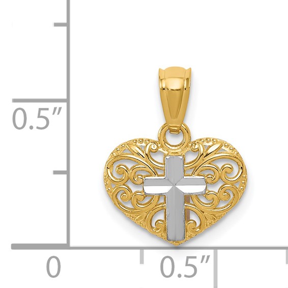 14k and White Rhodium Cross in Filigree Heart Pendant