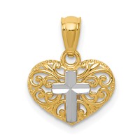 14K and White Rhodium Cross in Filigree Heart Pendant view 1