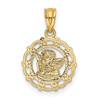 14K and White Rhodium Scalloped Frame Cherub Round Pendant view 3