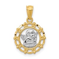 14K and White Rhodium Scalloped Frame Cherub Round Pendant view 1