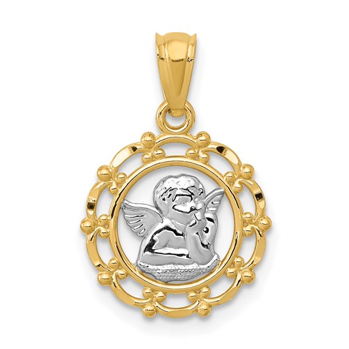 14K and White Rhodium Scalloped Frame Cherub Round Pendant